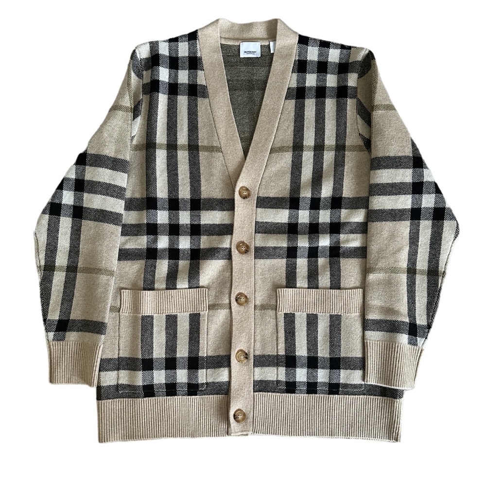 Burberry Signature Check Jacquard Cardigan Wool Cashmere in Beige | size L - Picture 10 of 12